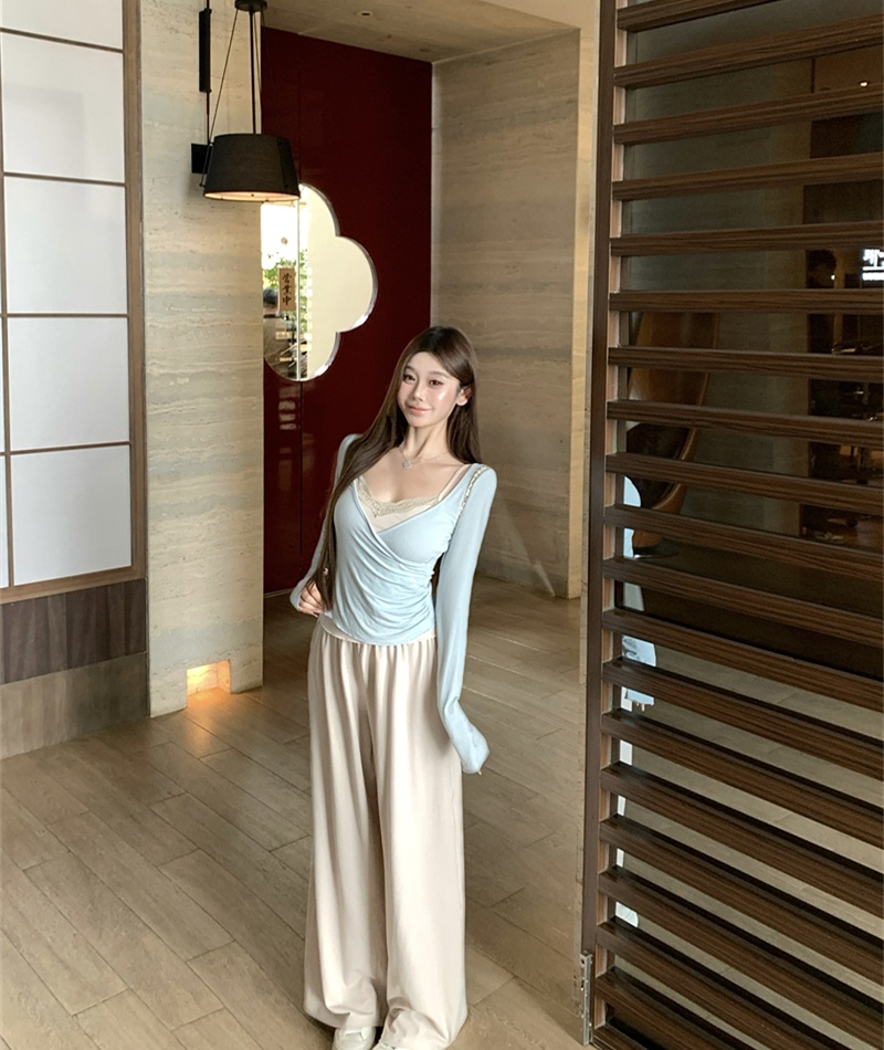Loose straight enticement vest fold knitted long pants 2pcs set