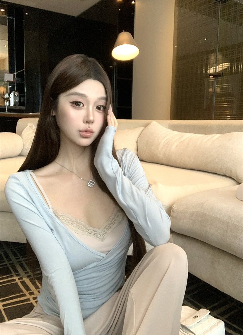Loose straight enticement vest fold knitted long pants 2pcs set