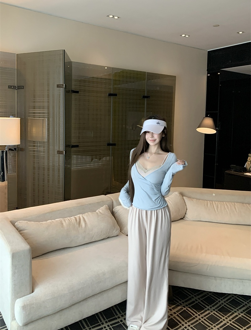 Loose straight enticement vest fold knitted long pants 2pcs set