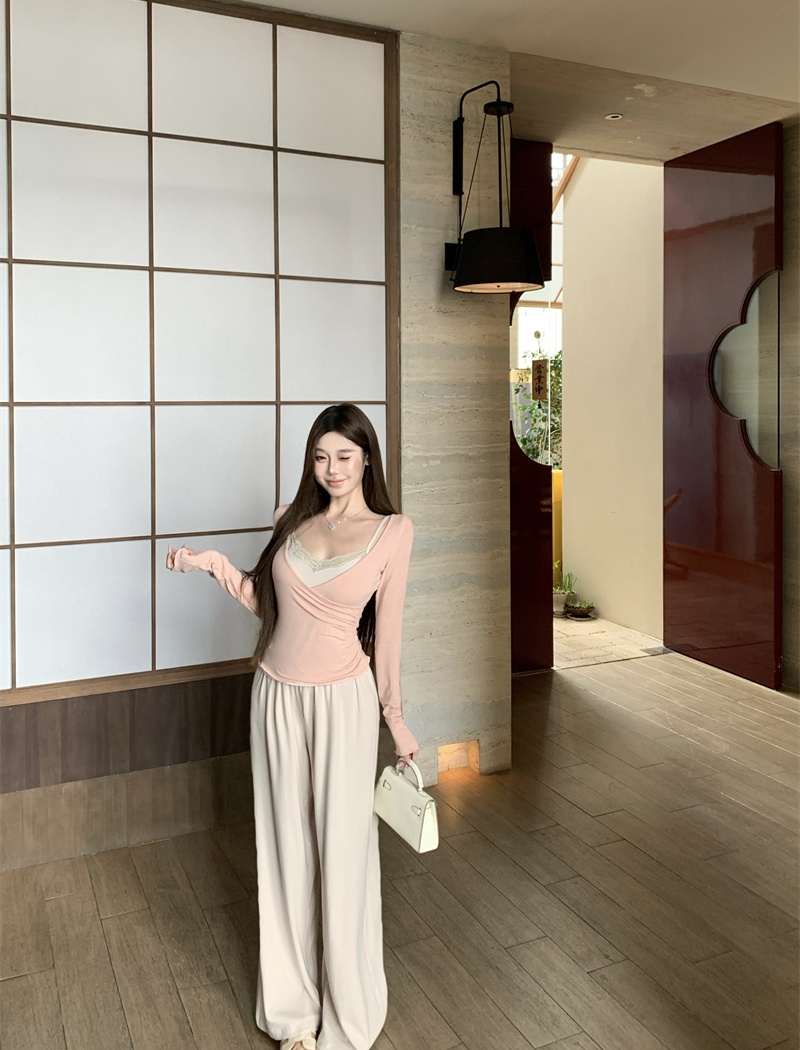 Loose straight enticement vest fold knitted long pants 2pcs set