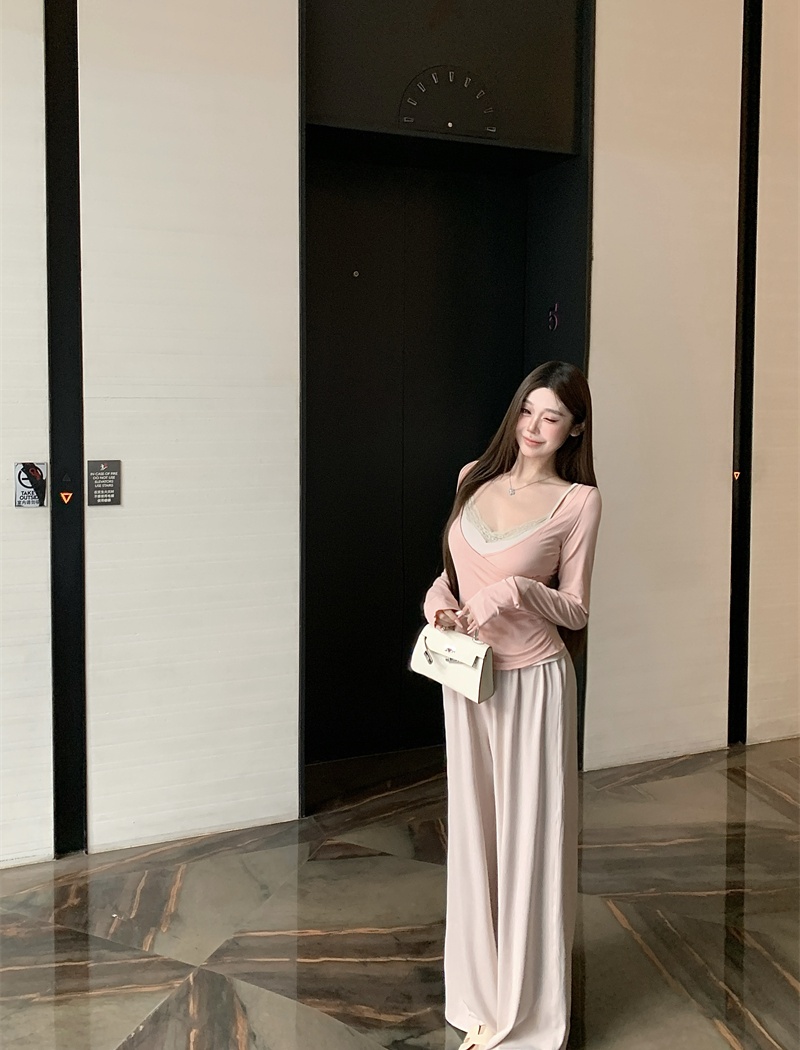 Loose straight enticement vest fold knitted long pants 2pcs set