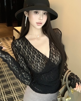 Beauty back V-neck sexy lace long sleeve bottoming shirt for women