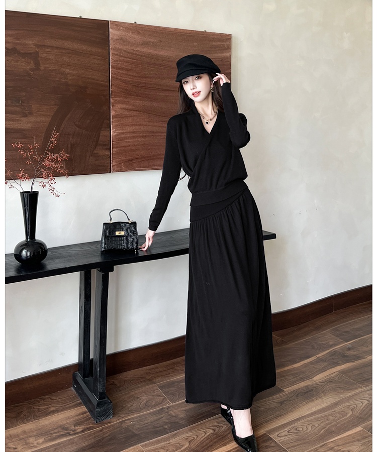 Fashion autumn tops blending cross skirt 2pcs set