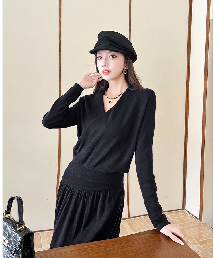 Fashion autumn tops blending cross skirt 2pcs set