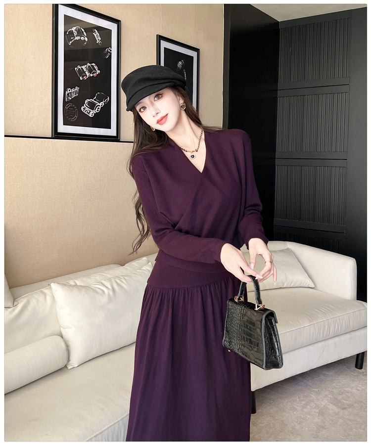 Fashion autumn tops blending cross skirt 2pcs set