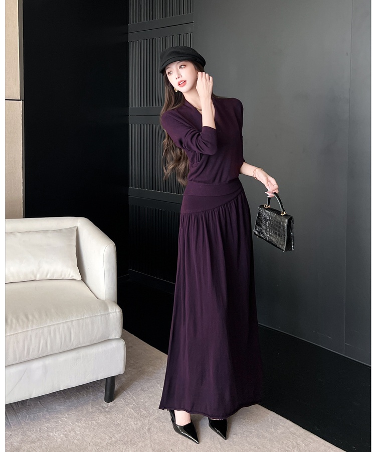 Fashion autumn tops blending cross skirt 2pcs set