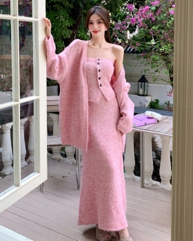 Tender sweater wrapped chest long skirt 3pcs set for women