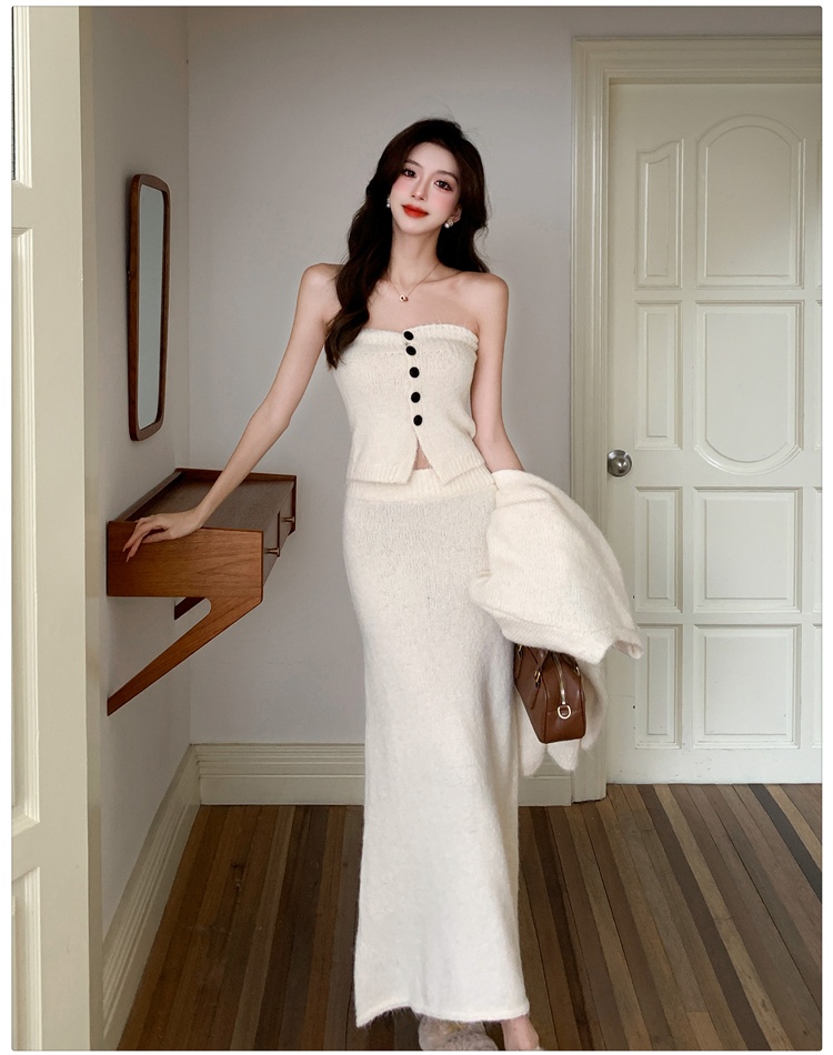 Tender sweater wrapped chest long skirt 3pcs set for women