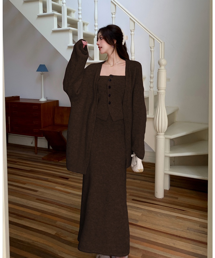 Tender sweater wrapped chest long skirt 3pcs set for women