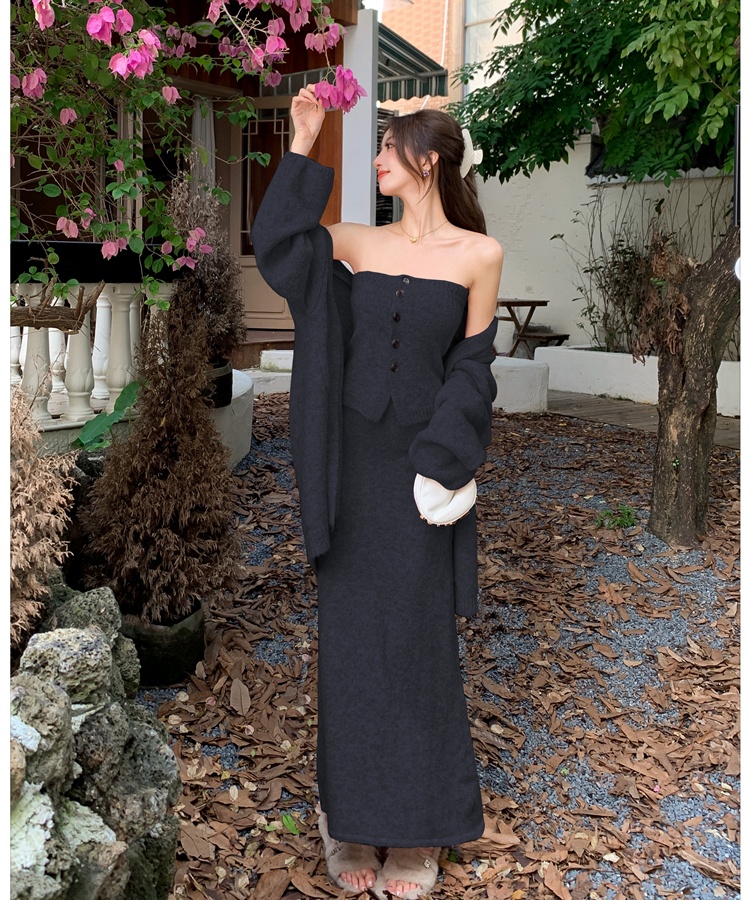 Tender sweater wrapped chest long skirt 3pcs set for women