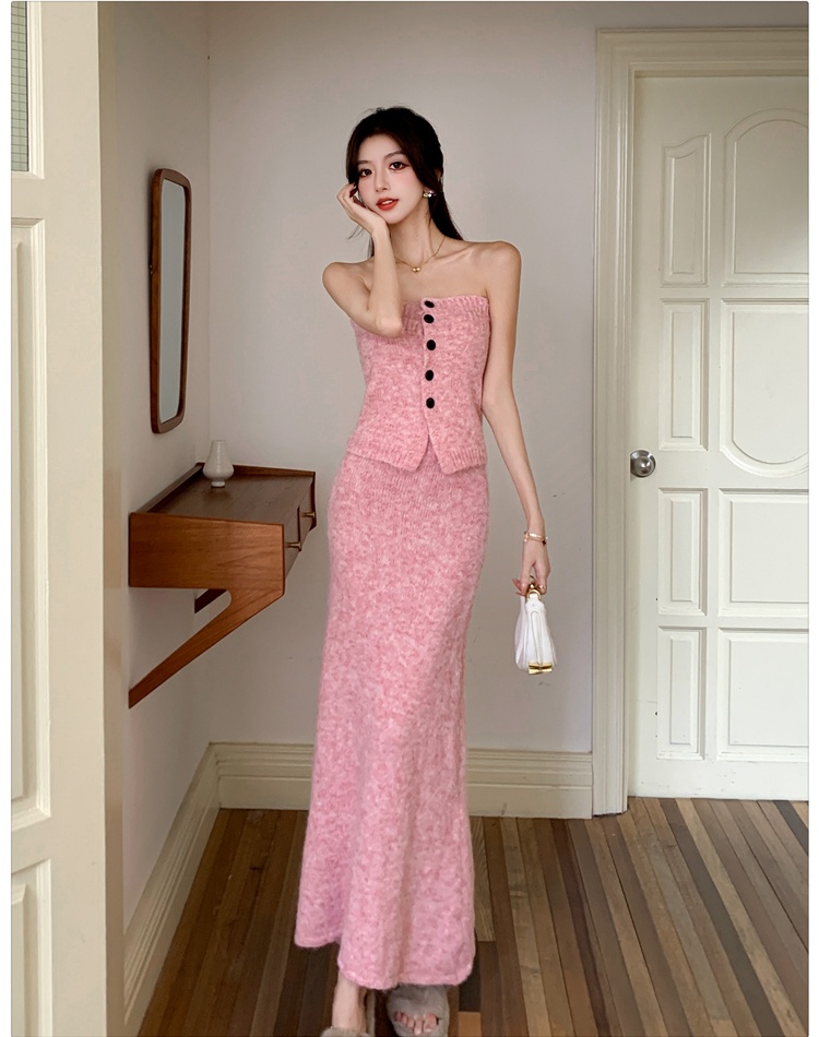 Tender sweater wrapped chest long skirt 3pcs set for women