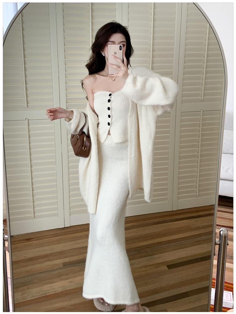 Tender sweater wrapped chest long skirt 3pcs set for women