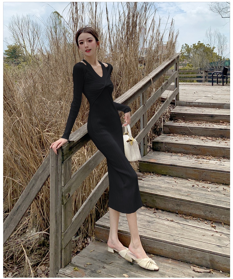 Slim V-neck dress Pseudo-two package hip long dress for women