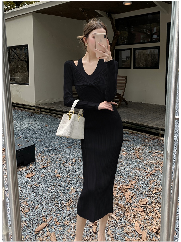 Slim V-neck dress Pseudo-two package hip long dress for women