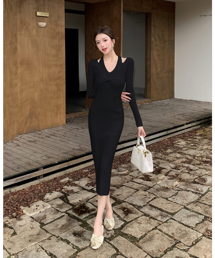 Slim V-neck dress Pseudo-two package hip long dress for women