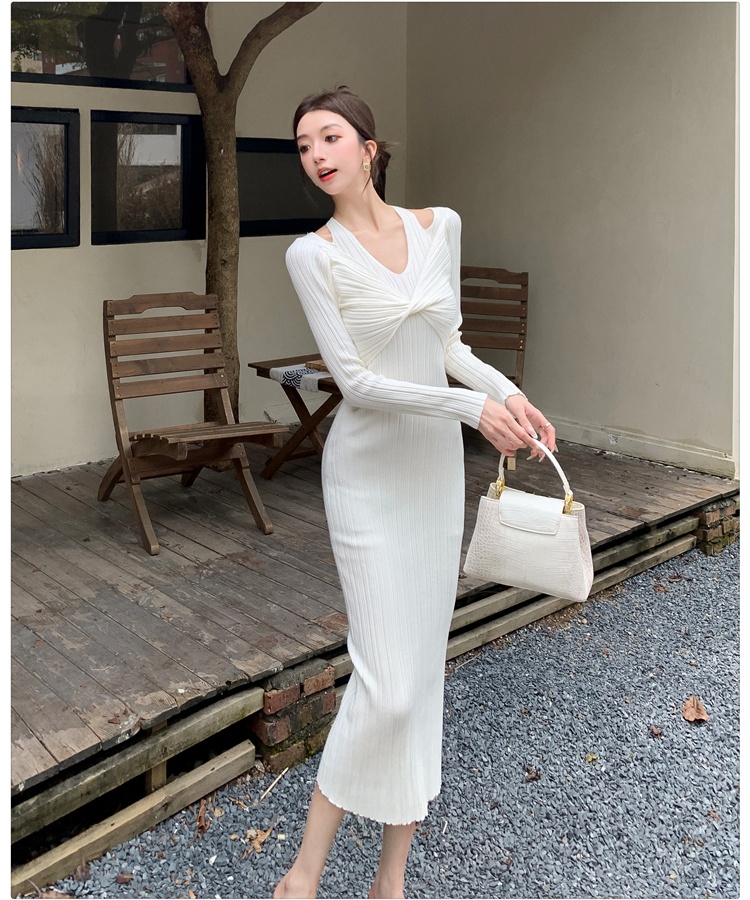 Slim V-neck dress Pseudo-two package hip long dress for women