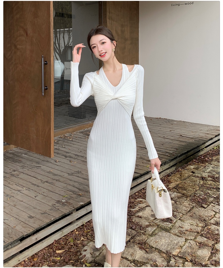 Slim V-neck dress Pseudo-two package hip long dress for women