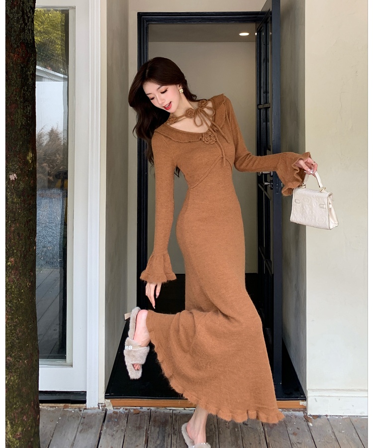 Flowers knitted dress slim long dress for women