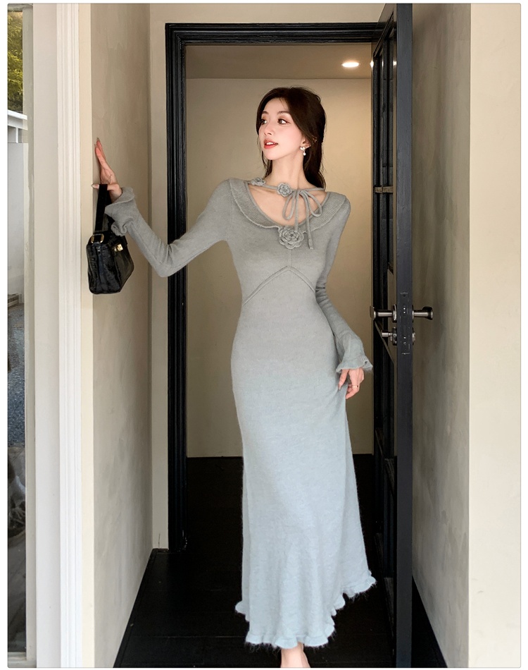 Flowers knitted dress slim long dress for women