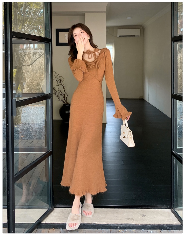 Flowers knitted dress slim long dress for women