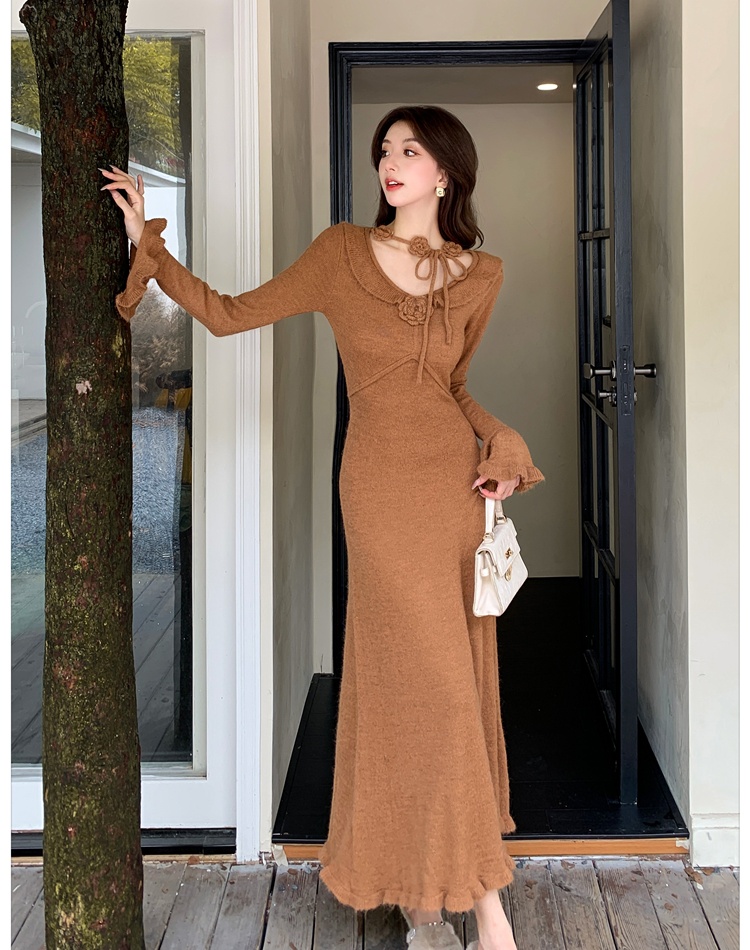Flowers knitted dress slim long dress for women