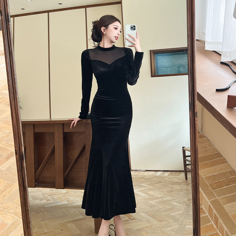 Splice gauze long dress mermaid perspective dress for women