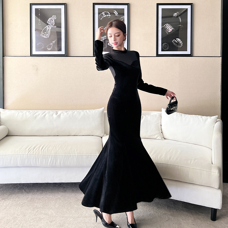 Splice gauze long dress mermaid perspective dress for women