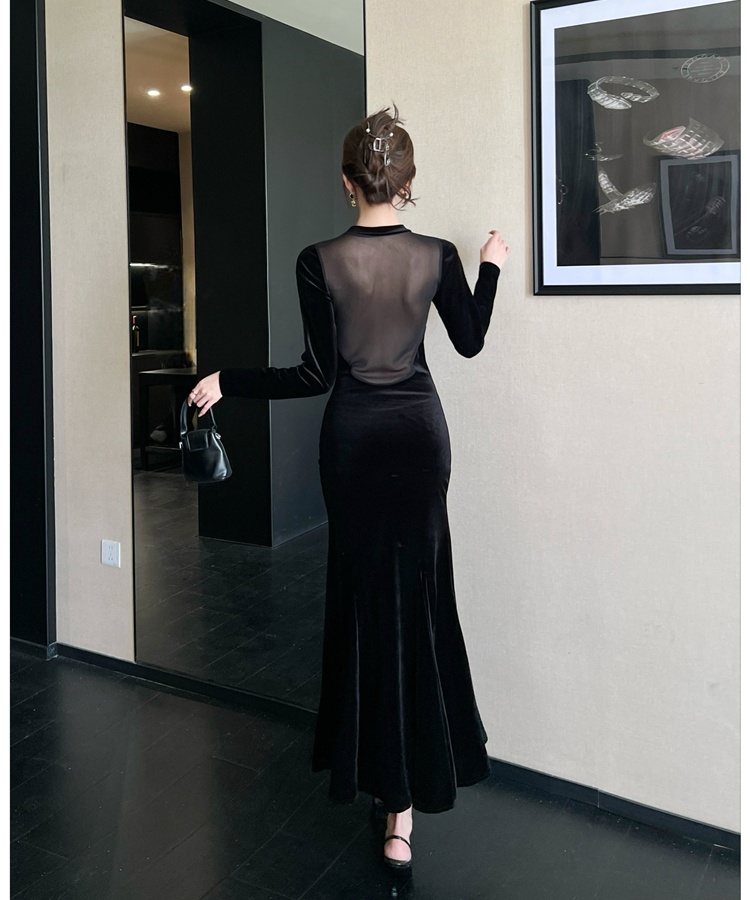 Splice gauze long dress mermaid perspective dress for women