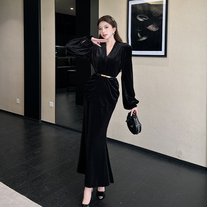 Temperament light tops V-neck skirt 3pcs set for women