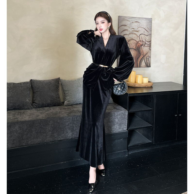 Temperament light tops V-neck skirt 3pcs set for women
