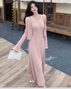 Slim enticement long dress knitted chain dress 2pcs set for women