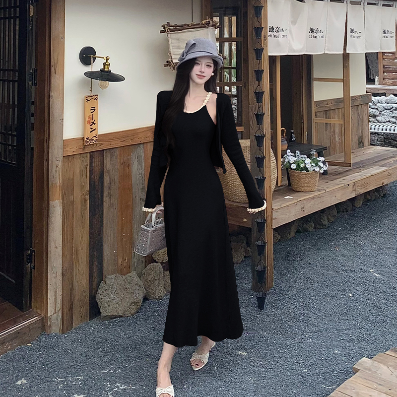 Slim enticement long dress knitted chain dress 2pcs set for women