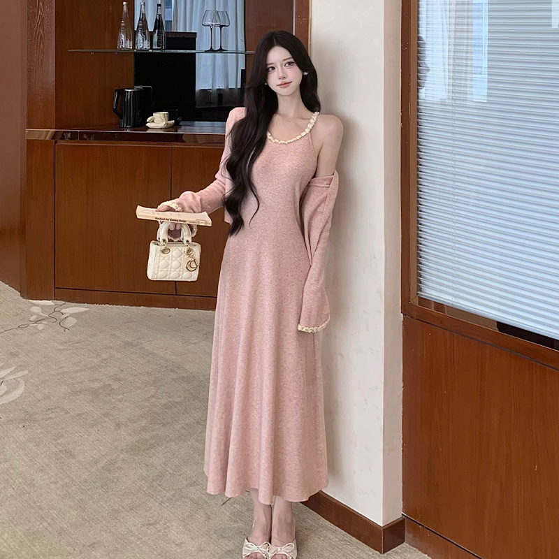 Slim enticement long dress knitted chain dress 2pcs set for women