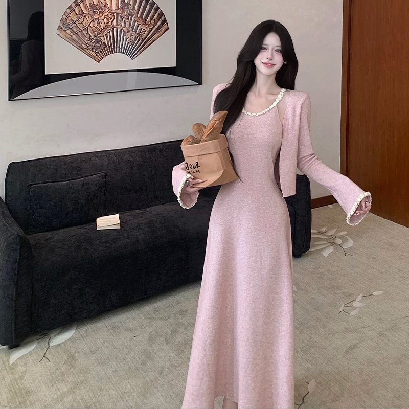 Slim enticement long dress knitted chain dress 2pcs set for women