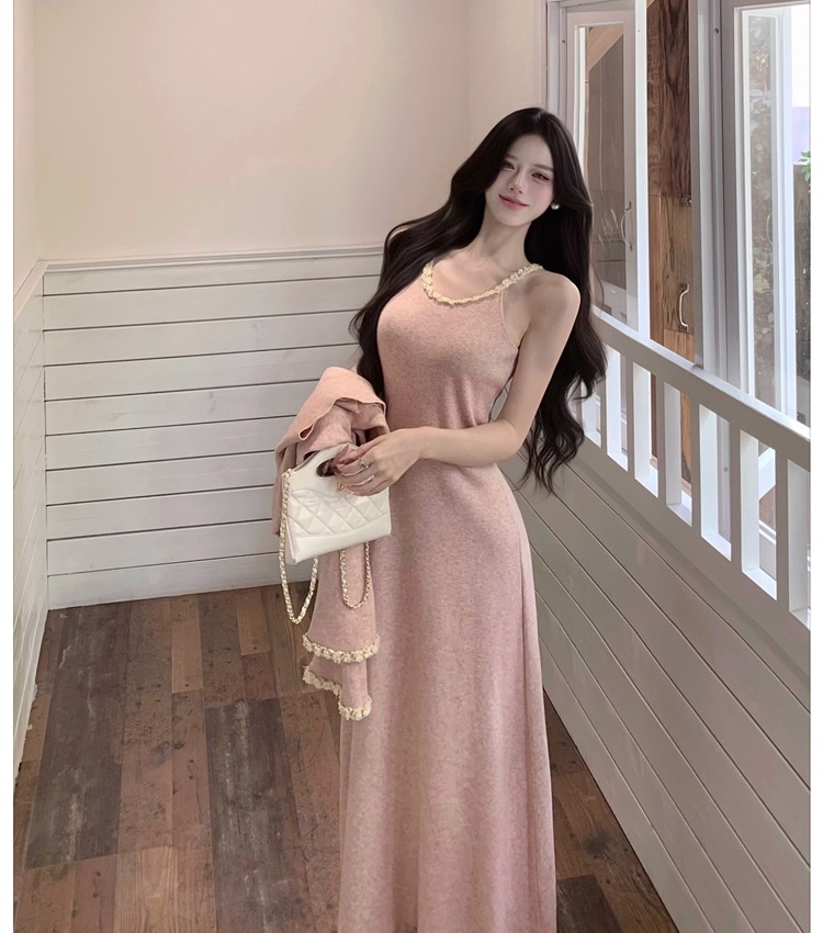 Slim enticement long dress knitted chain dress 2pcs set for women
