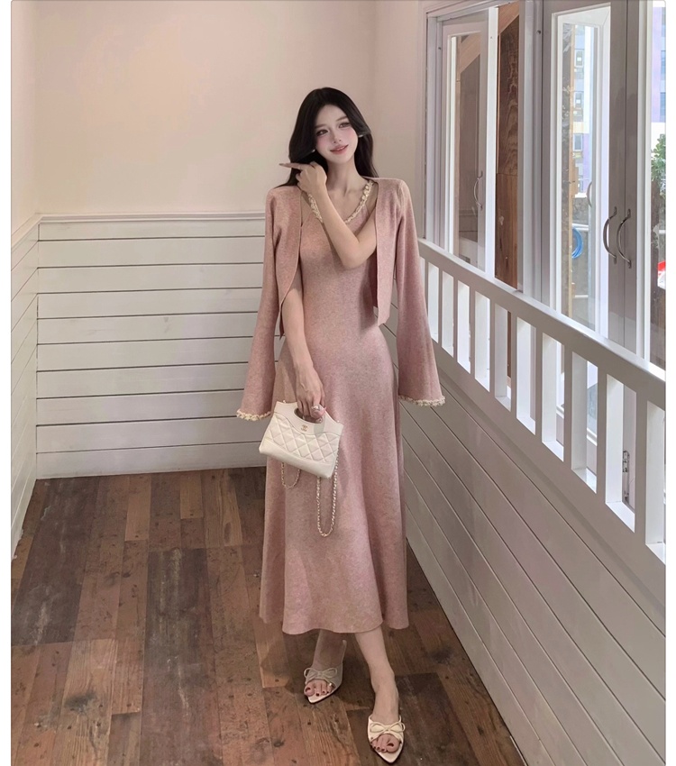 Slim enticement long dress knitted chain dress 2pcs set for women