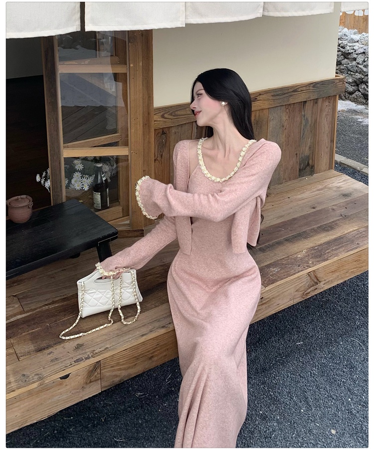 Slim enticement long dress knitted chain dress 2pcs set for women