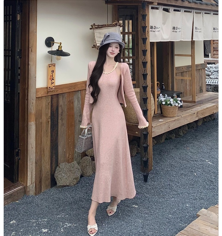 Slim enticement long dress knitted chain dress 2pcs set for women