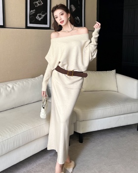 Lazy loose skirt with belt temperament sweater 3pcs set