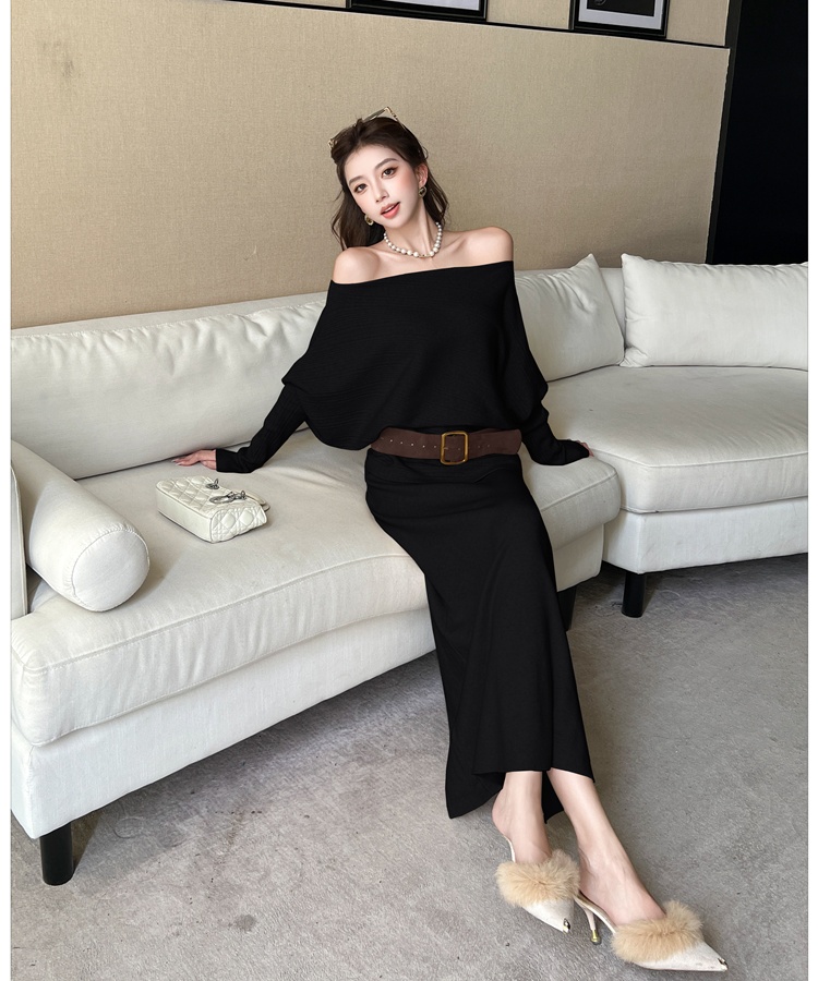 Lazy loose skirt with belt temperament sweater 3pcs set