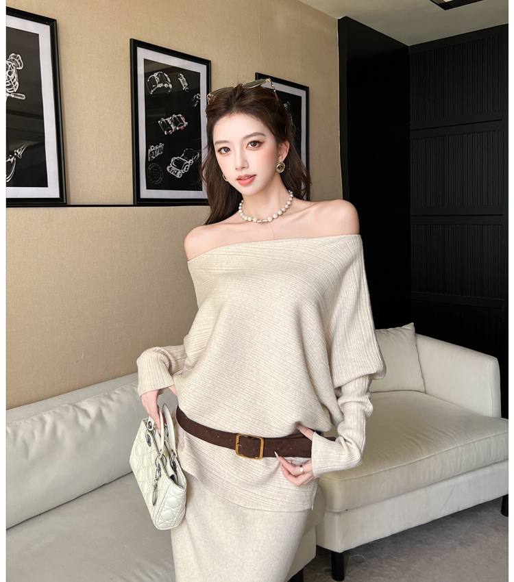 Lazy loose skirt with belt temperament sweater 3pcs set