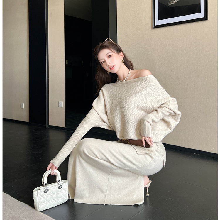 Lazy loose skirt with belt temperament sweater 3pcs set