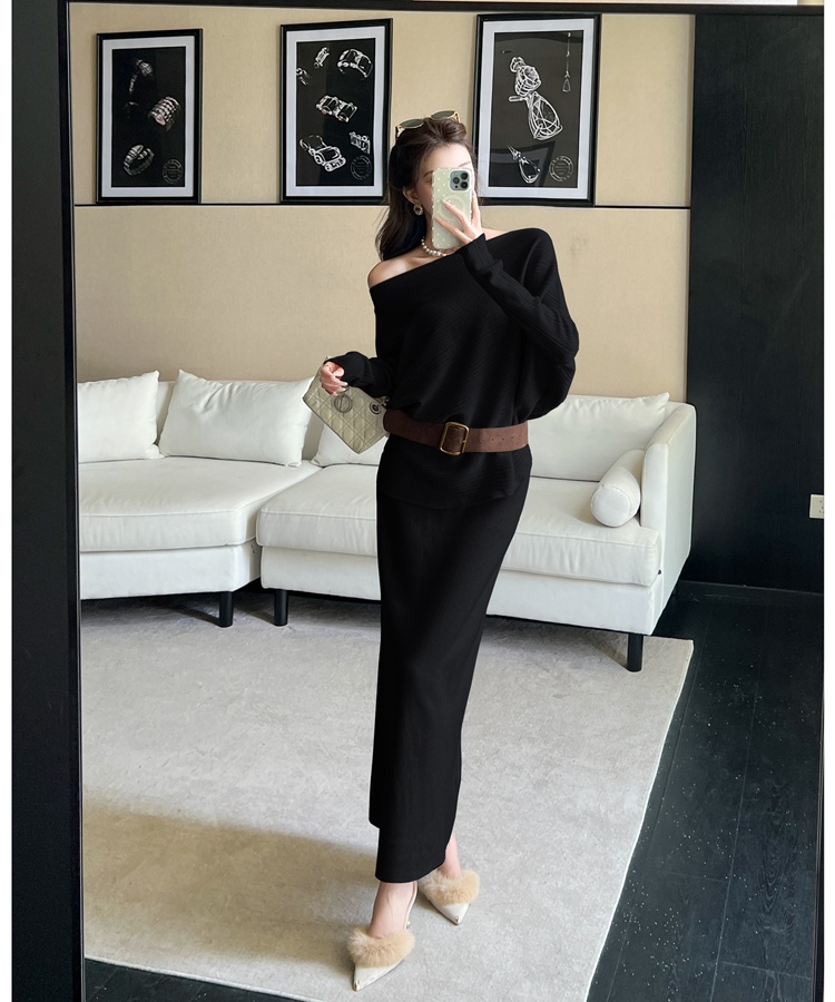 Lazy loose skirt with belt temperament sweater 3pcs set