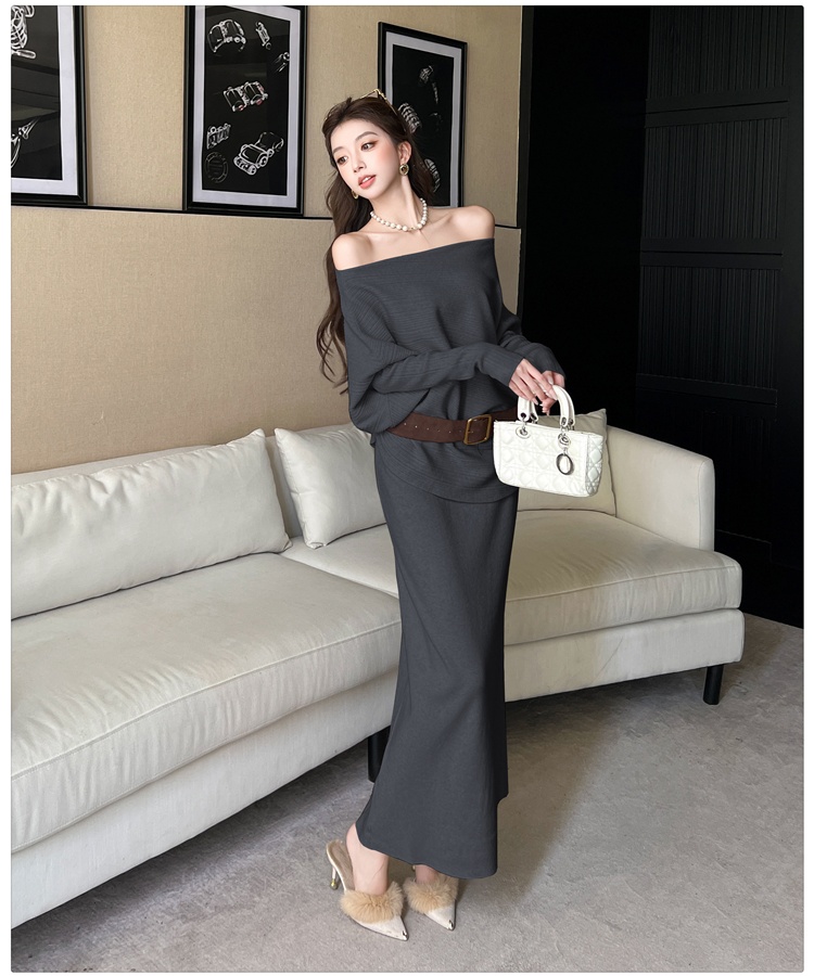 Lazy loose skirt with belt temperament sweater 3pcs set