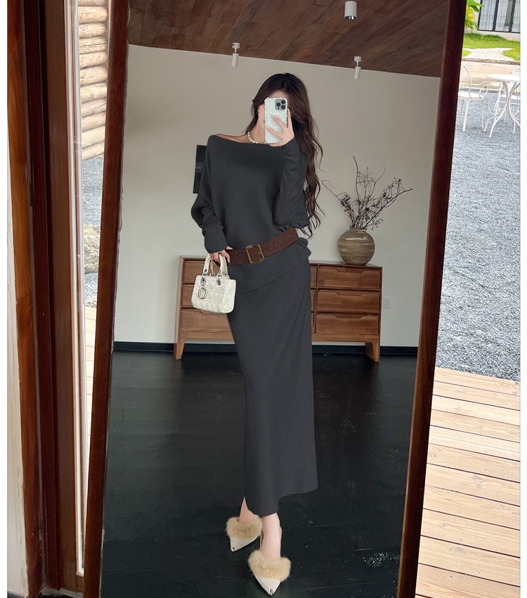 Lazy loose skirt with belt temperament sweater 3pcs set