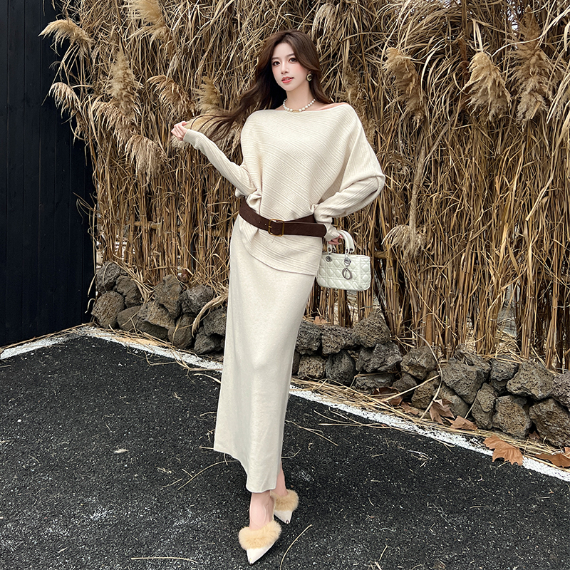 Lazy loose skirt with belt temperament sweater 3pcs set