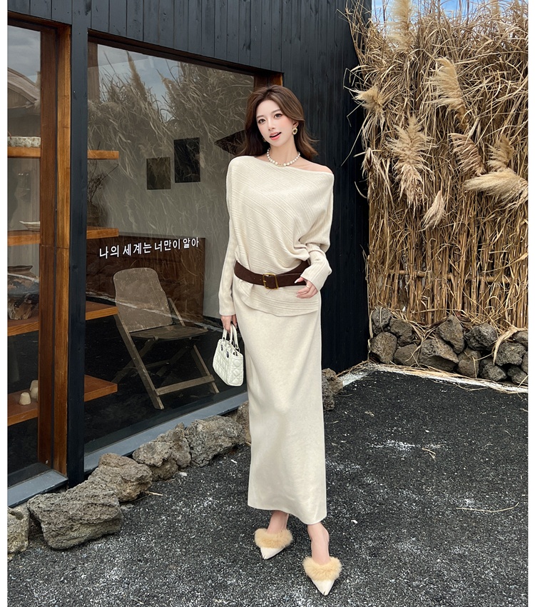 Lazy loose skirt with belt temperament sweater 3pcs set