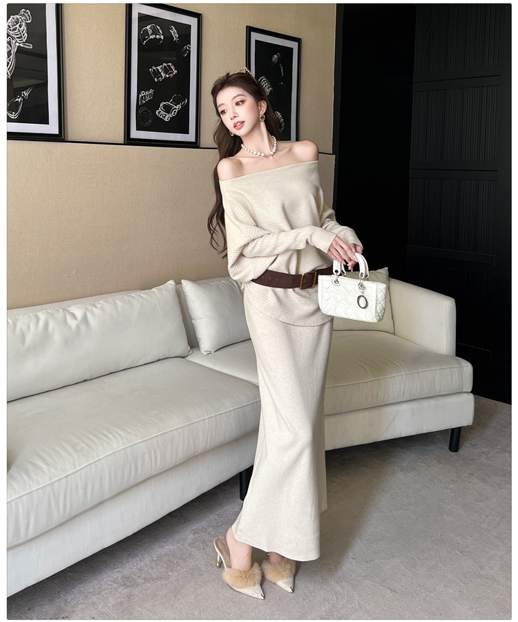 Lazy loose skirt with belt temperament sweater 3pcs set