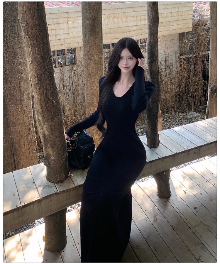 Bottoming knitted long dress package hip dress