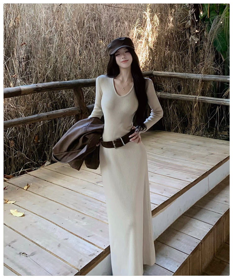 Bottoming knitted long dress package hip dress